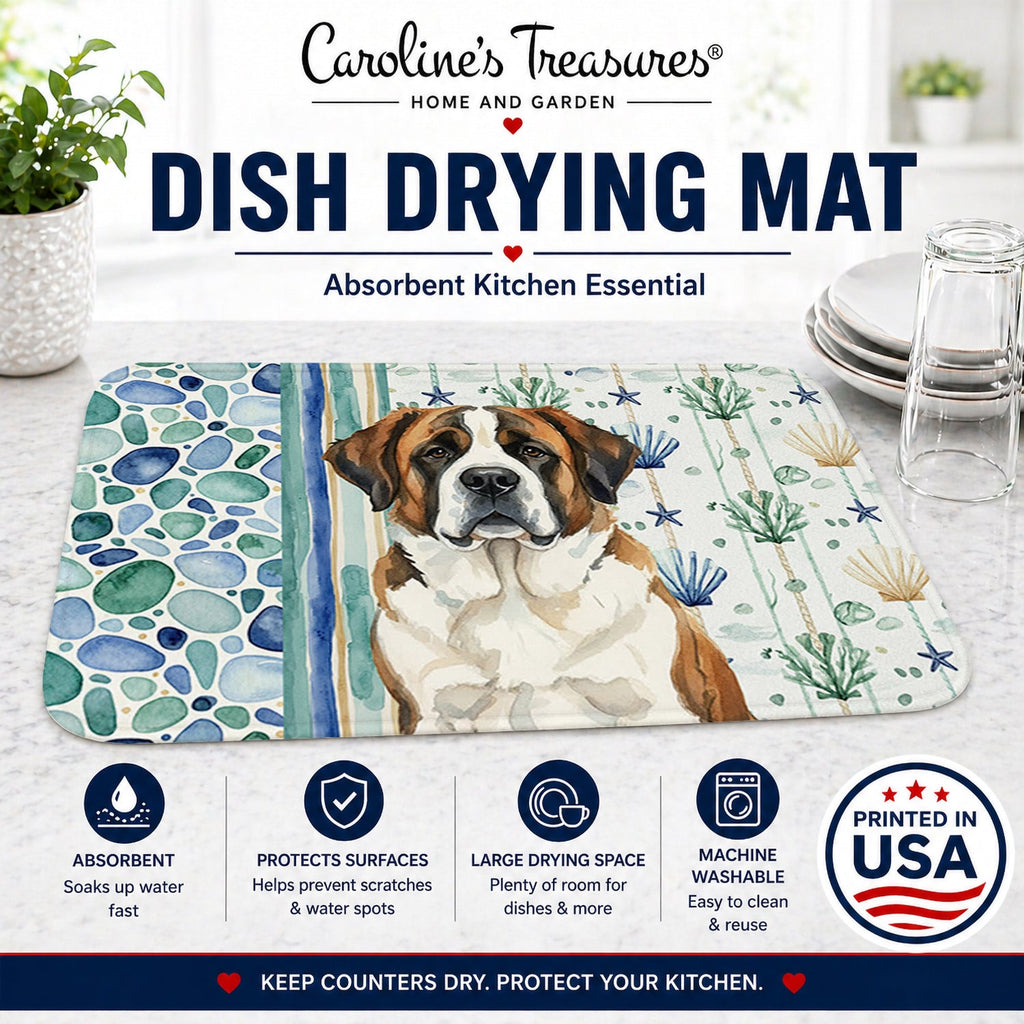 Brindle and White Saint Bernard Coastal Sea Glass Dish Drying Mat Absorbent Dish Drying Mat Pad for Kitchen Counter Dish Drainer Mat for Countertop, 14 x 21", Multicolor
