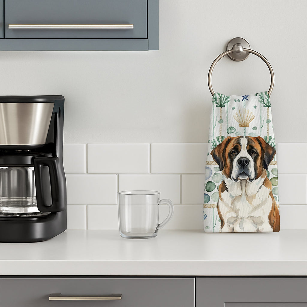 Brindle and White Saint Bernard Coastal Sea Glass Kitchen Towel Velour Plush Front and Cotton Loop Back Machine Washable