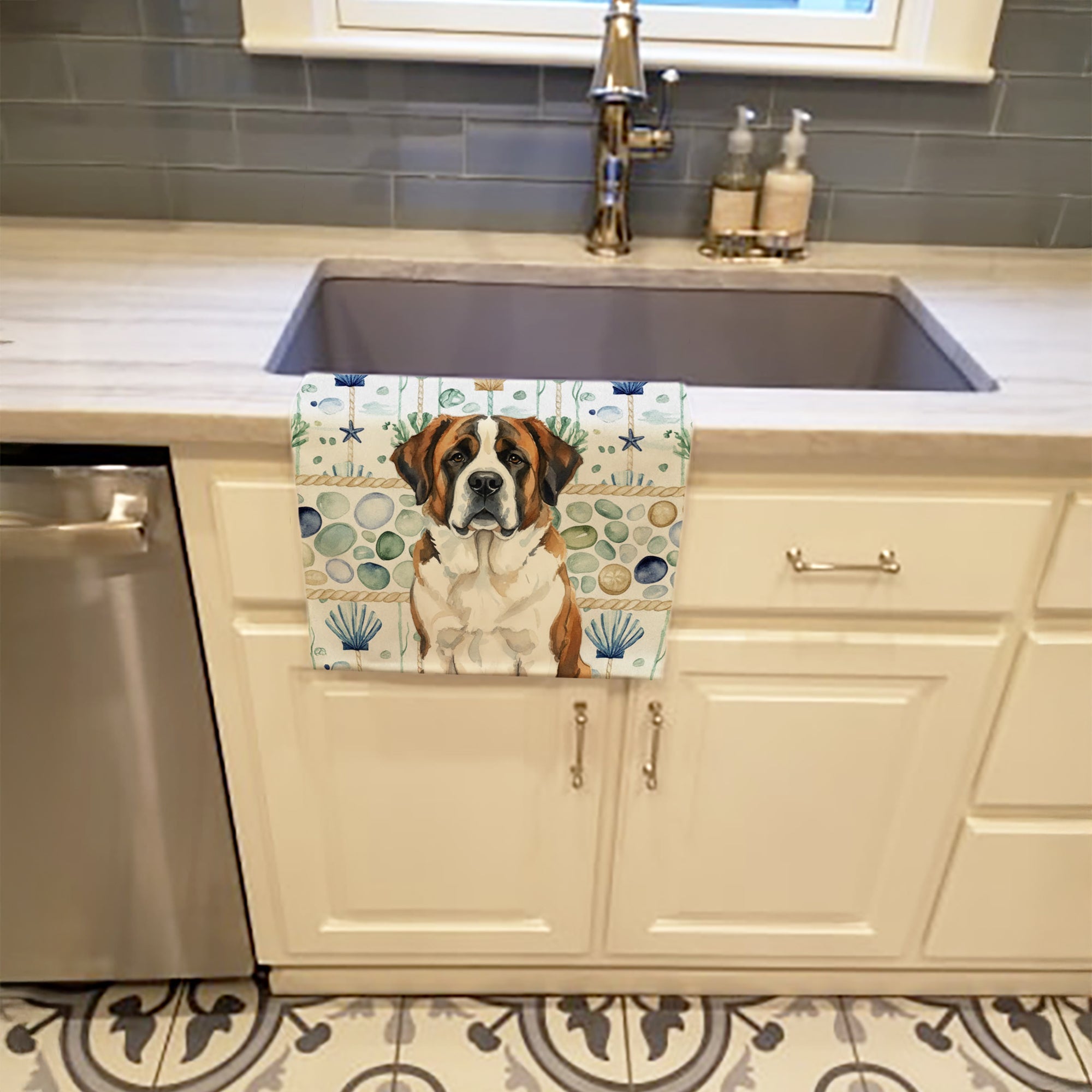 Brindle and White Saint Bernard Coastal Sea Glass Kitchen Towel Velour Plush Front and Cotton Loop Back Machine Washable