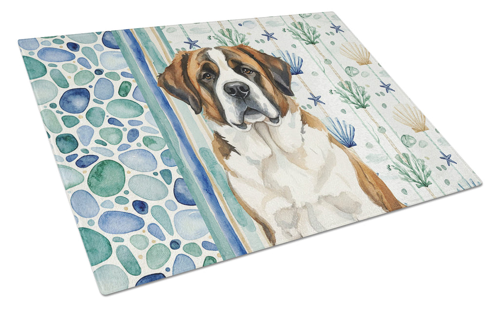 Brindle and White Saint Bernard Coastal Sea Glass Cutting Board Tempered Glass Kitchen Cutting Surface, Heat Resistant Chopping, Non-Slip Feet, Food Prep & Serving