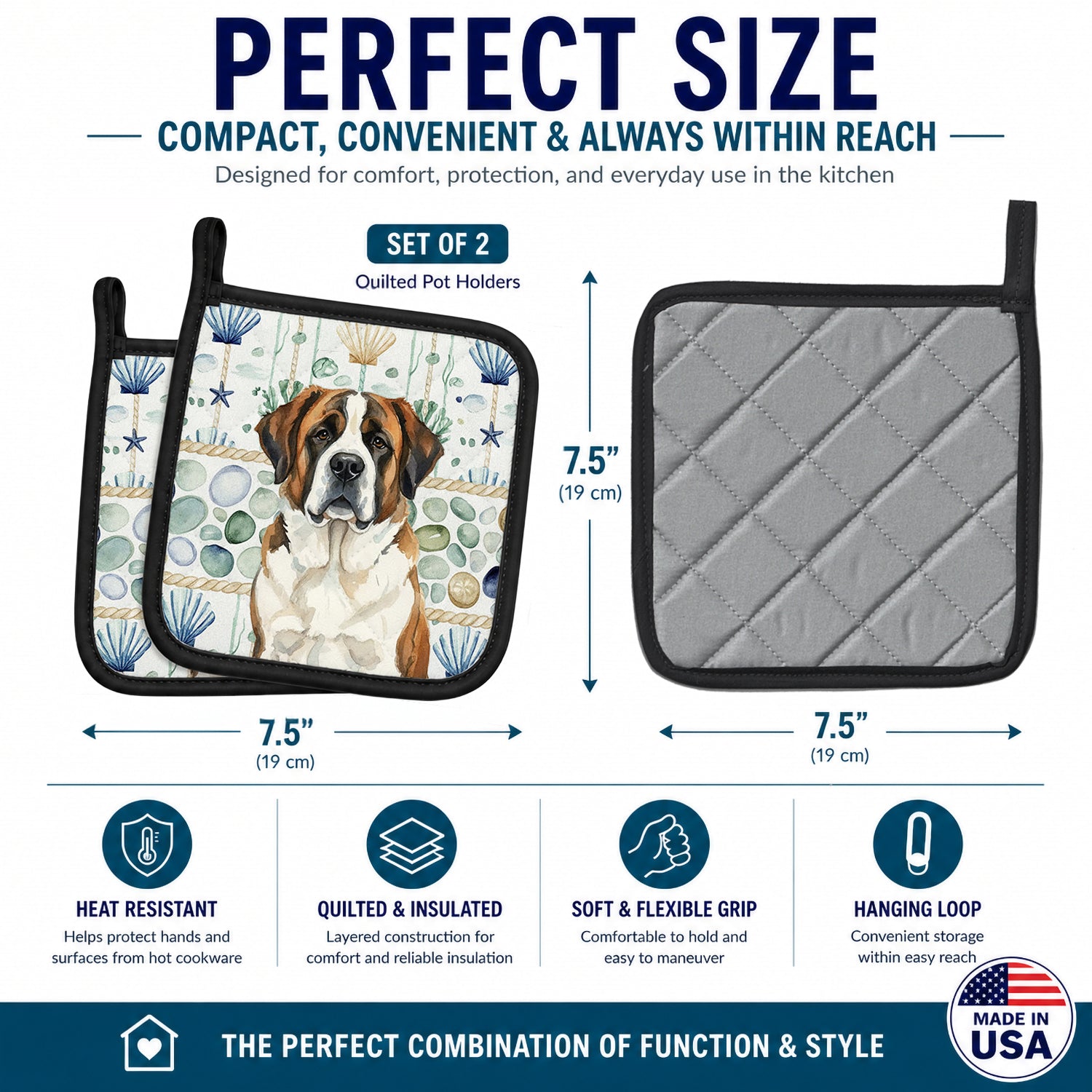 Brindle and White Saint Bernard Coastal Sea Glass Pot Holder Set of 2 Heat Resistant Quilted Hot Pads 7.5 x 7.5 Inch, Insulated Kitchen Trivets for Cooking & Baking