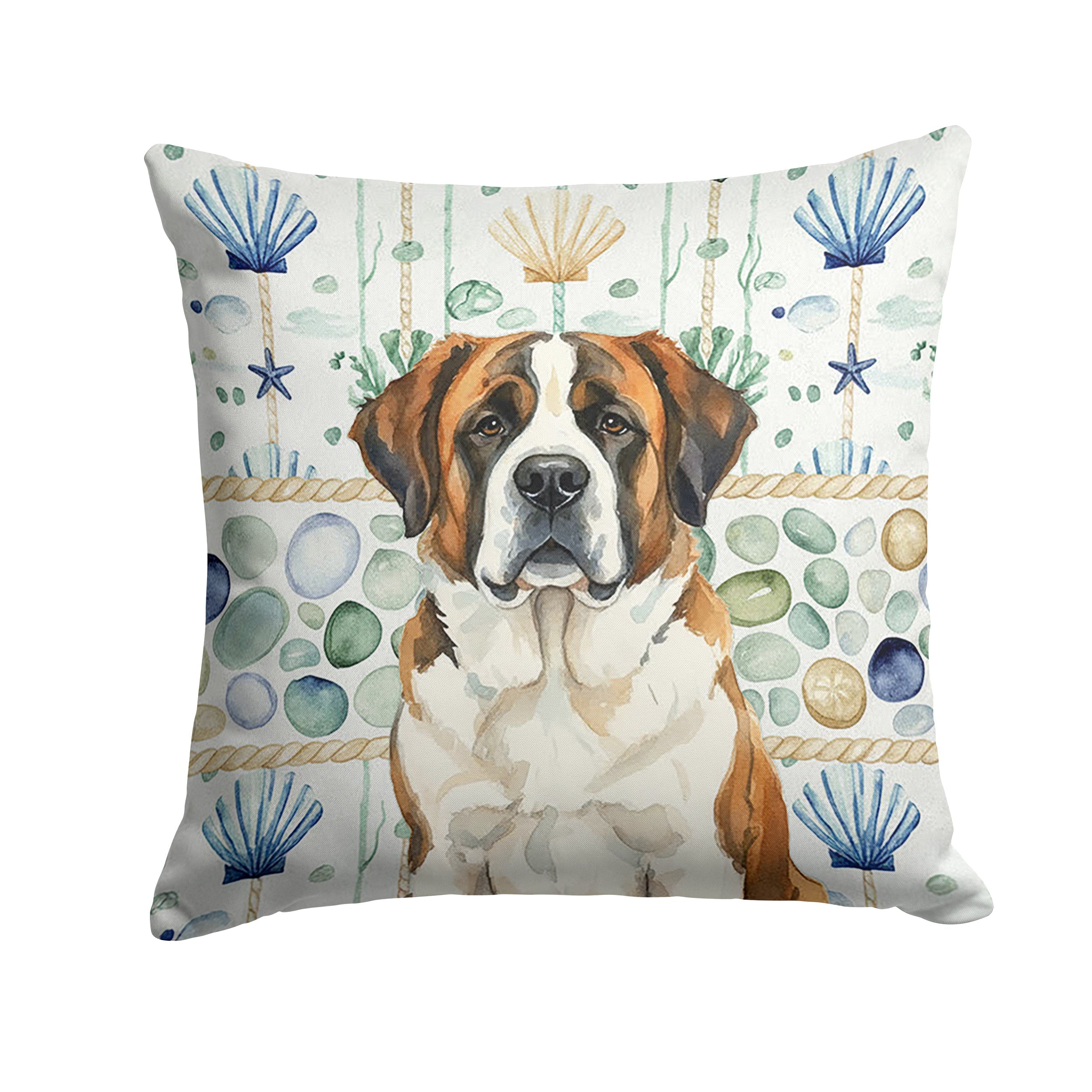 Brindle and White Saint Bernard Coastal Sea Glass Decorative Throw Pillow 14x14 Indoor Outdoor Accent Cushion, Fabric Cover with Insert for Sofa, Bed, Porch & Living Room