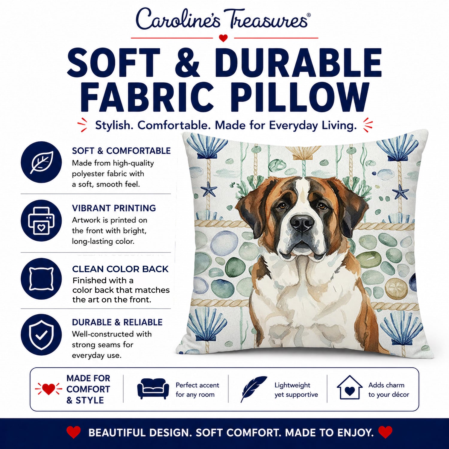 Brindle and White Saint Bernard Coastal Sea Glass Decorative Throw Pillow 18x18 Indoor Outdoor Accent Cushion, Fabric Cover with Insert for Sofa, Bed, Porch & Living Room