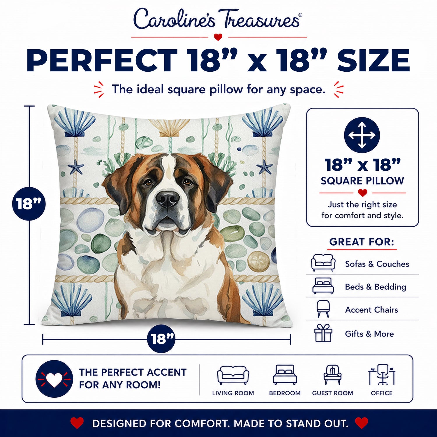 Brindle and White Saint Bernard Coastal Sea Glass Decorative Throw Pillow 18x18 Indoor Outdoor Accent Cushion, Fabric Cover with Insert for Sofa, Bed, Porch & Living Room