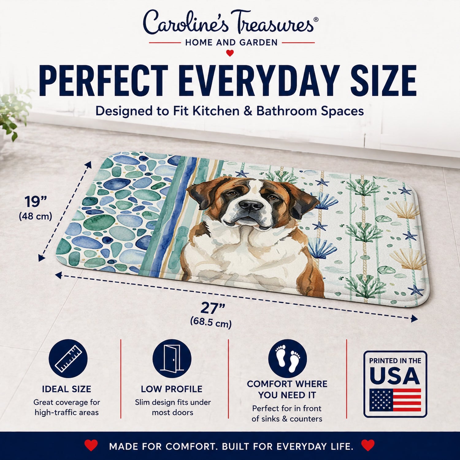 Brindle and White Saint Bernard Coastal Sea Glass Memory Foam Kitchen Mat Machine Washable Anti-Fatigue Cushion Comfort Bath or Kitchen Rug