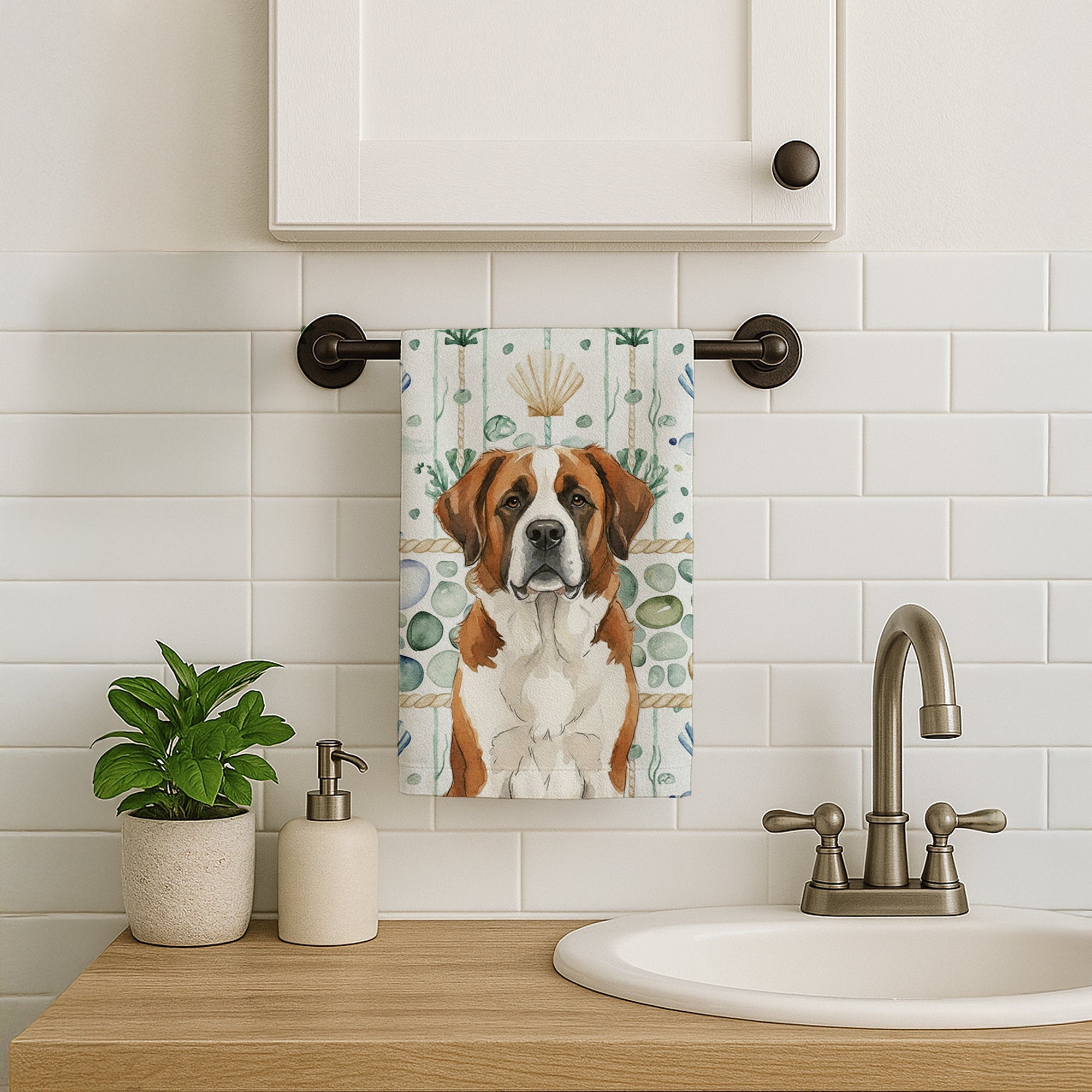 Brown and White Saint Bernard Coastal Sea Glass Kitchen Towel Velour Plush Front and Cotton Loop Back Machine Washable