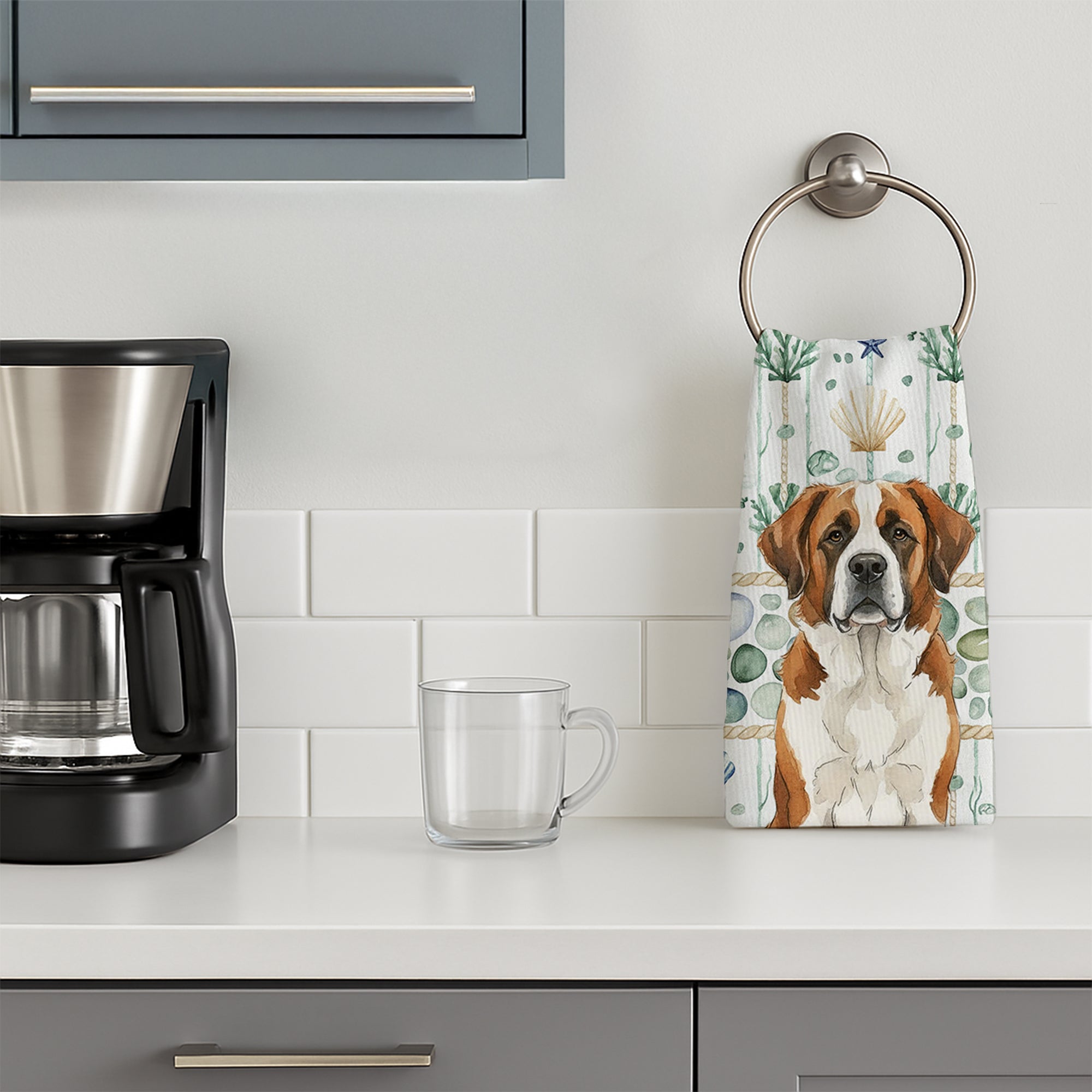 Brown and White Saint Bernard Coastal Sea Glass Kitchen Towel Velour Plush Front and Cotton Loop Back Machine Washable