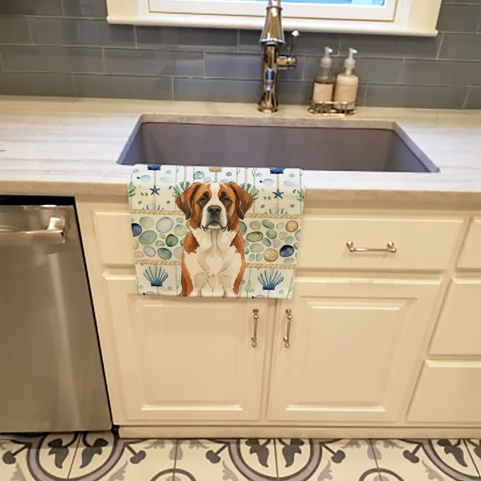 Brown and White Saint Bernard Coastal Sea Glass Kitchen Towel Velour Plush Front and Cotton Loop Back Machine Washable