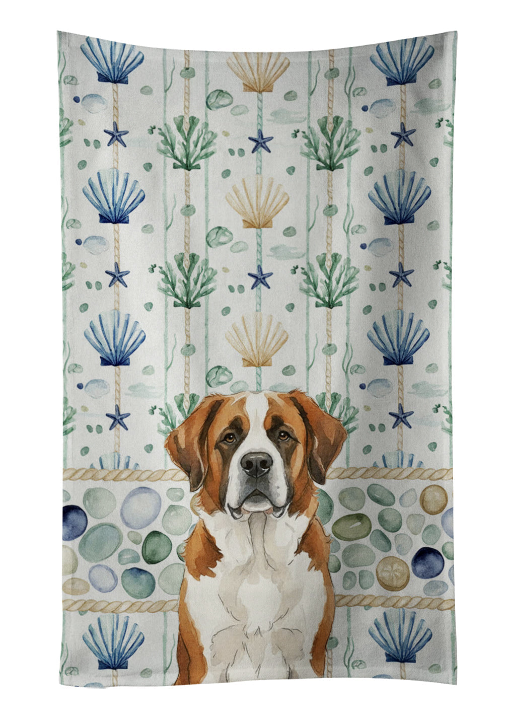 Brown and White Saint Bernard Coastal Sea Glass Kitchen Towel Velour Plush Front and Cotton Loop Back Machine Washable