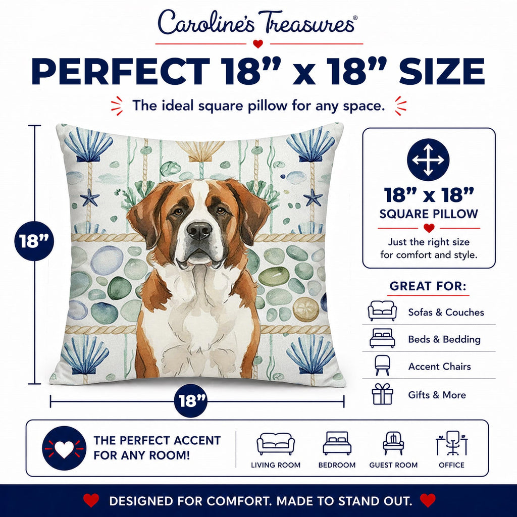 Brown and White Saint Bernard Coastal Sea Glass Decorative Throw Pillow 18x18 Indoor Outdoor Accent Cushion, Fabric Cover with Insert for Sofa, Bed, Porch & Living Room
