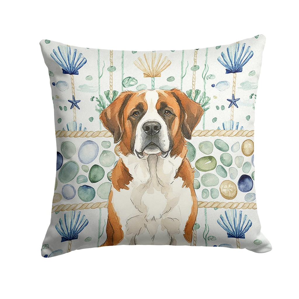 Brown and White Saint Bernard Coastal Sea Glass Decorative Throw Pillow 18x18 Indoor Outdoor Accent Cushion, Fabric Cover with Insert for Sofa, Bed, Porch & Living Room