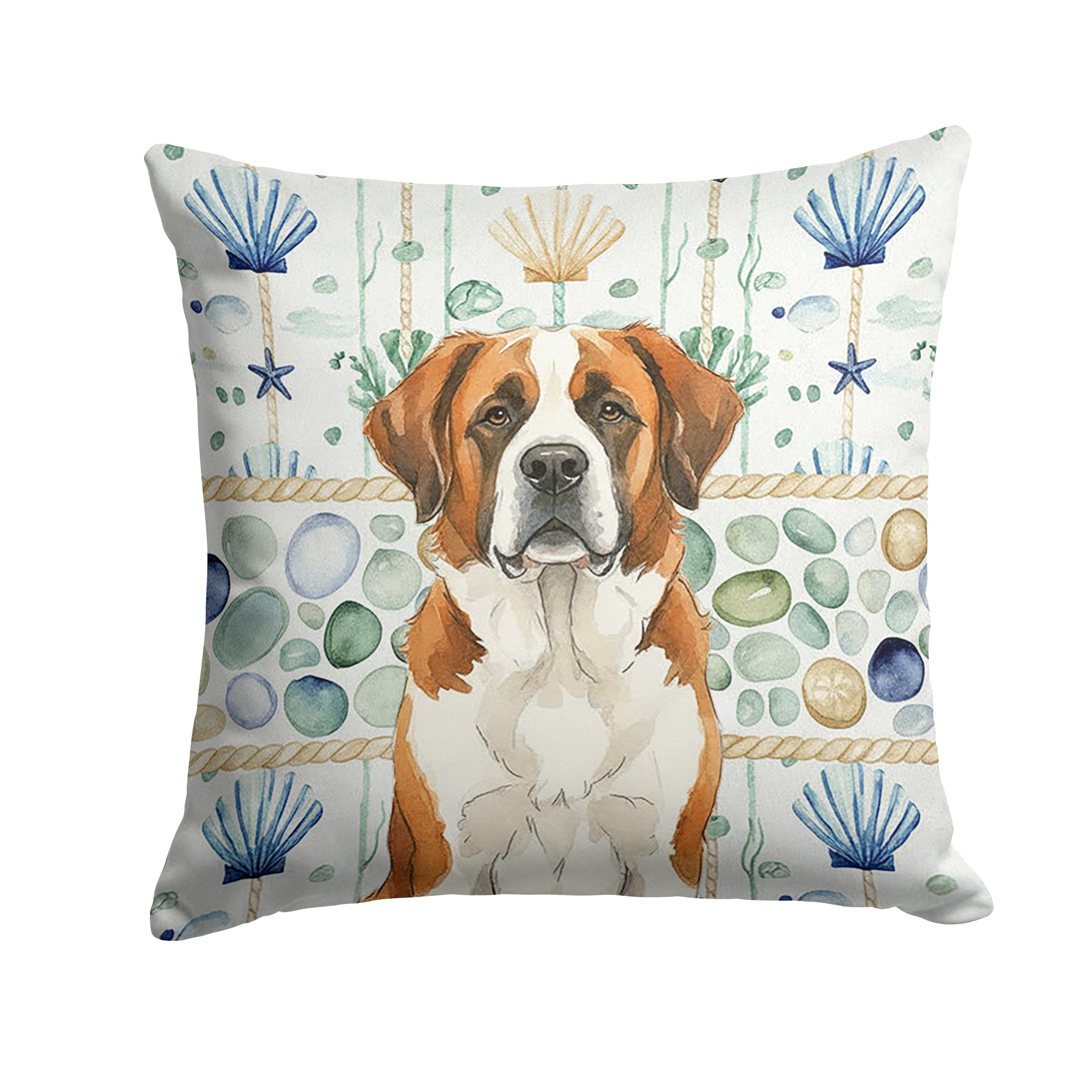 Brown and White Saint Bernard Coastal Sea Glass Decorative Throw Pillow 18x18 Indoor Outdoor Accent Cushion, Fabric Cover with Insert for Sofa, Bed, Porch & Living Room