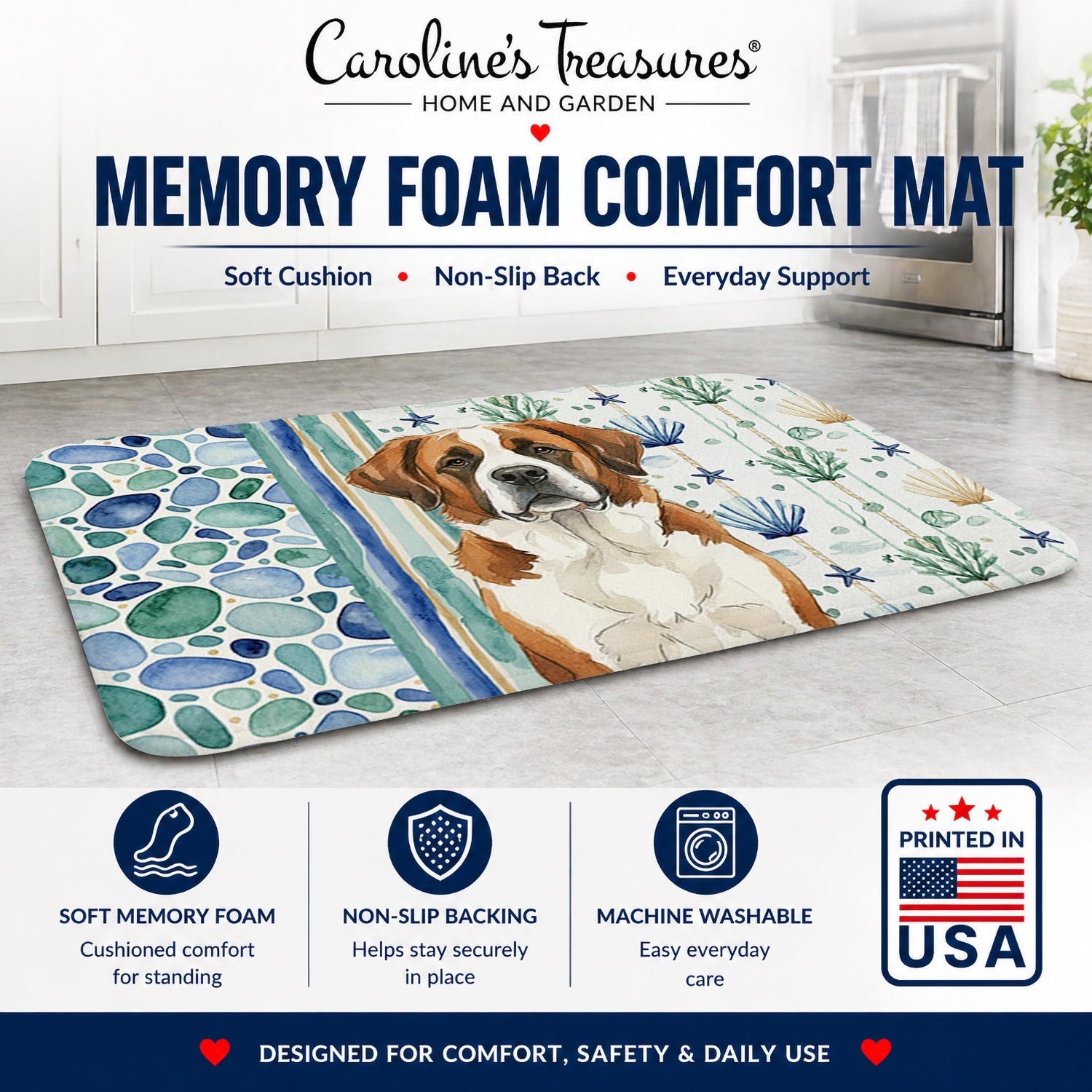 Brown and White Saint Bernard Coastal Sea Glass Memory Foam Kitchen Mat Machine Washable Anti-Fatigue Cushion Comfort Bath or Kitchen Rug