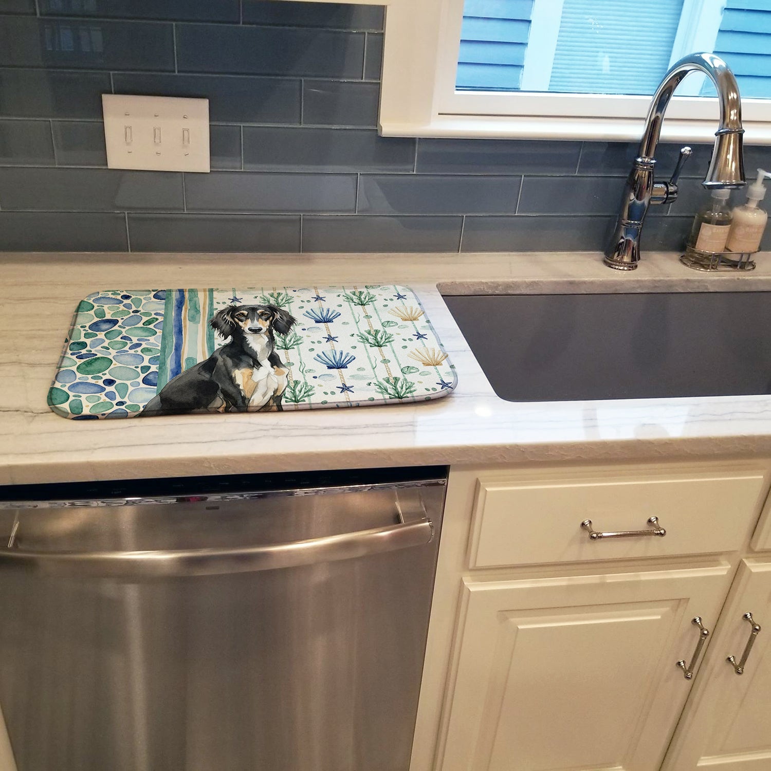 Black and Tan Saluki Coastal Sea Glass Dish Drying Mat Absorbent Dish Drying Mat Pad for Kitchen Counter Dish Drainer Mat for Countertop, 14 x 21", Multicolor