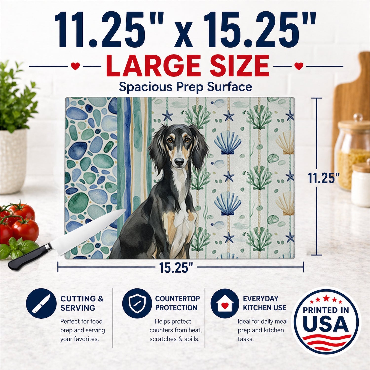 Black and Tan Saluki Coastal Sea Glass Cutting Board Tempered Glass Kitchen Cutting Surface, Heat Resistant Chopping, Non-Slip Feet, Food Prep & Serving
