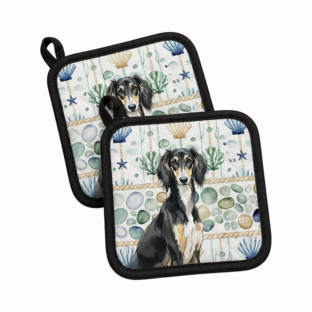 Black and Tan Saluki Coastal Sea Glass Pot Holder Set of 2 Heat Resistant Quilted Hot Pads 7.5 x 7.5 Inch, Insulated Kitchen Trivets for Cooking & Baking