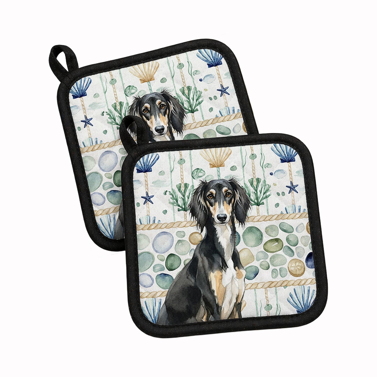 Black and Tan Saluki Coastal Sea Glass Pot Holder Set of 2 Heat Resistant Quilted Hot Pads 7.5 x 7.5 Inch, Insulated Kitchen Trivets for Cooking & Baking