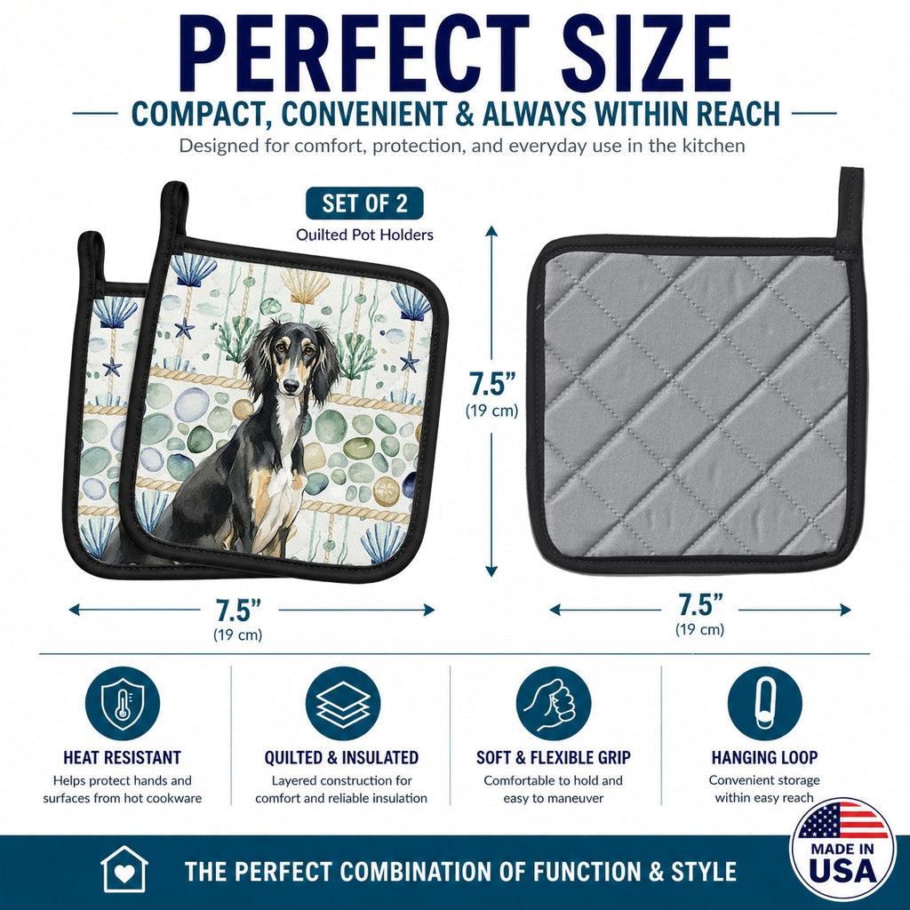 Black and Tan Saluki Coastal Sea Glass Pot Holder Set of 2 Heat Resistant Quilted Hot Pads 7.5 x 7.5 Inch, Insulated Kitchen Trivets for Cooking & Baking
