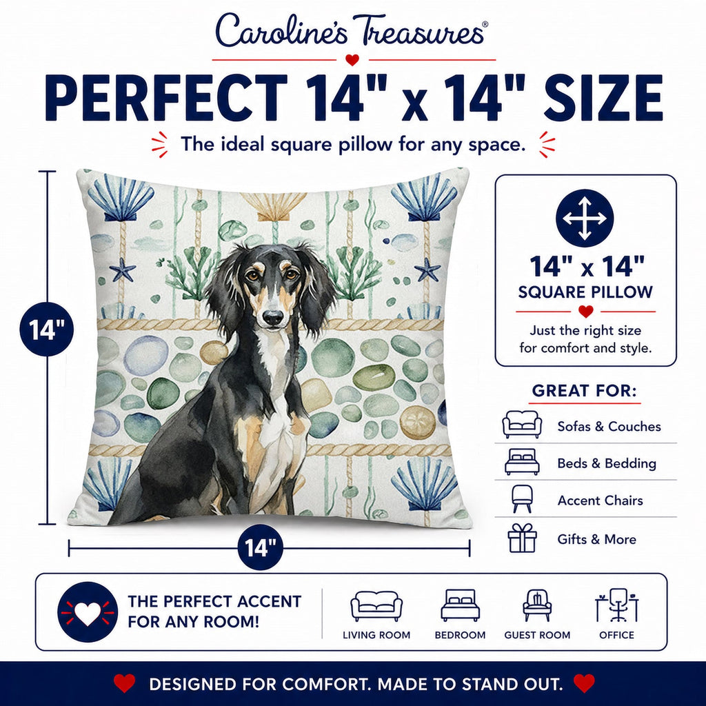 Black and Tan Saluki Coastal Sea Glass Decorative Throw Pillow 14x14 Indoor Outdoor Accent Cushion, Fabric Cover with Insert for Sofa, Bed, Porch & Living Room