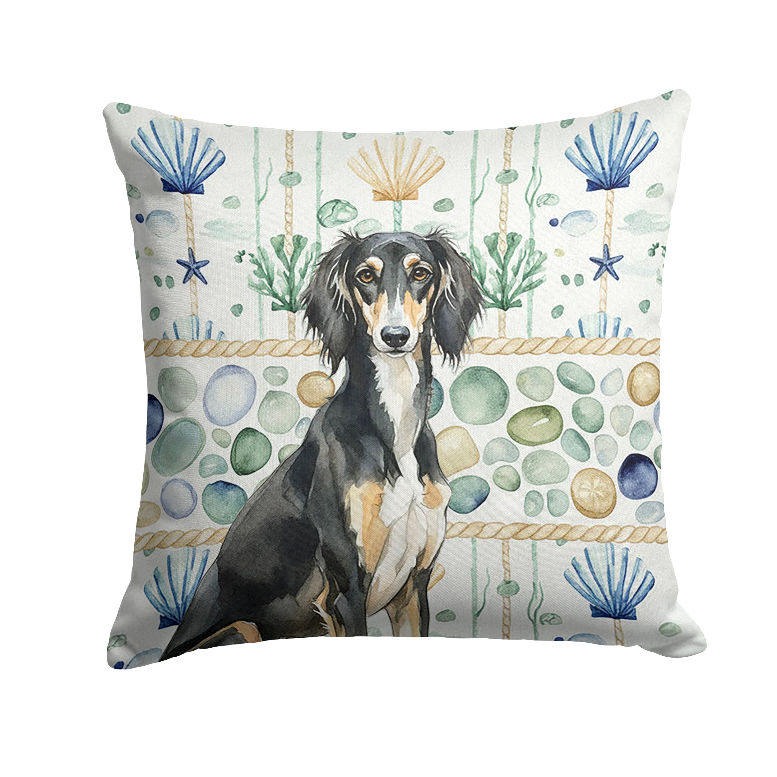 Black and Tan Saluki Coastal Sea Glass Decorative Throw Pillow 14x14 Indoor Outdoor Accent Cushion, Fabric Cover with Insert for Sofa, Bed, Porch & Living Room