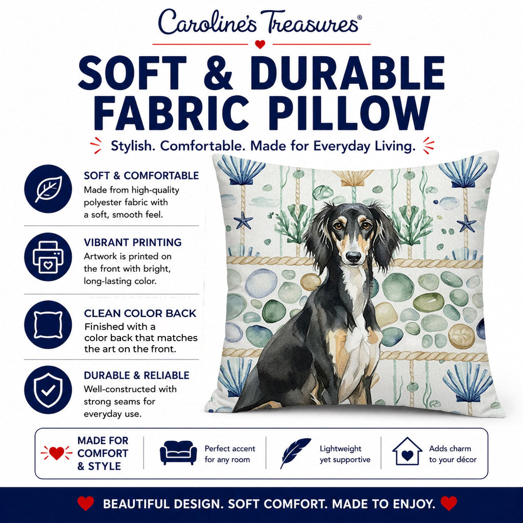 Black and Tan Saluki Coastal Sea Glass Decorative Throw Pillow 18x18 Indoor Outdoor Accent Cushion, Fabric Cover with Insert for Sofa, Bed, Porch & Living Room