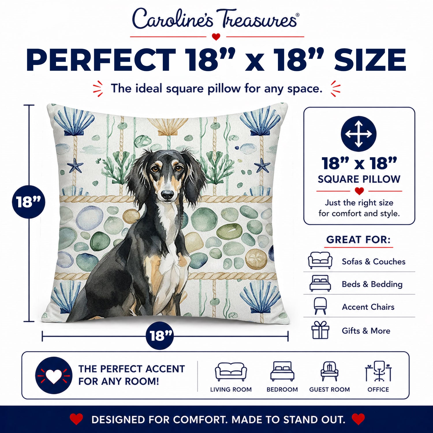 Black and Tan Saluki Coastal Sea Glass Decorative Throw Pillow 18x18 Indoor Outdoor Accent Cushion, Fabric Cover with Insert for Sofa, Bed, Porch & Living Room