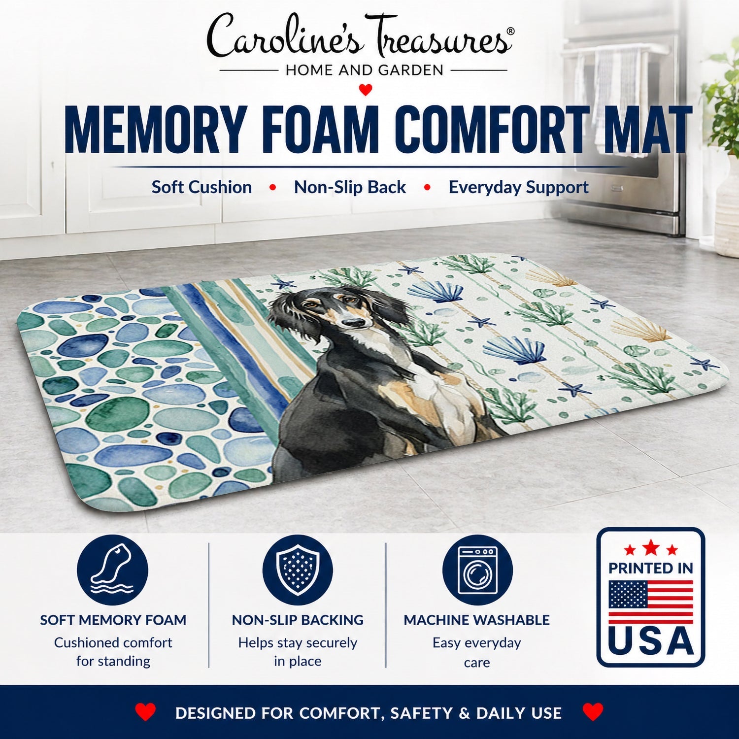 Black and Tan Saluki Coastal Sea Glass Memory Foam Kitchen Mat Machine Washable Anti-Fatigue Cushion Comfort Bath or Kitchen Rug