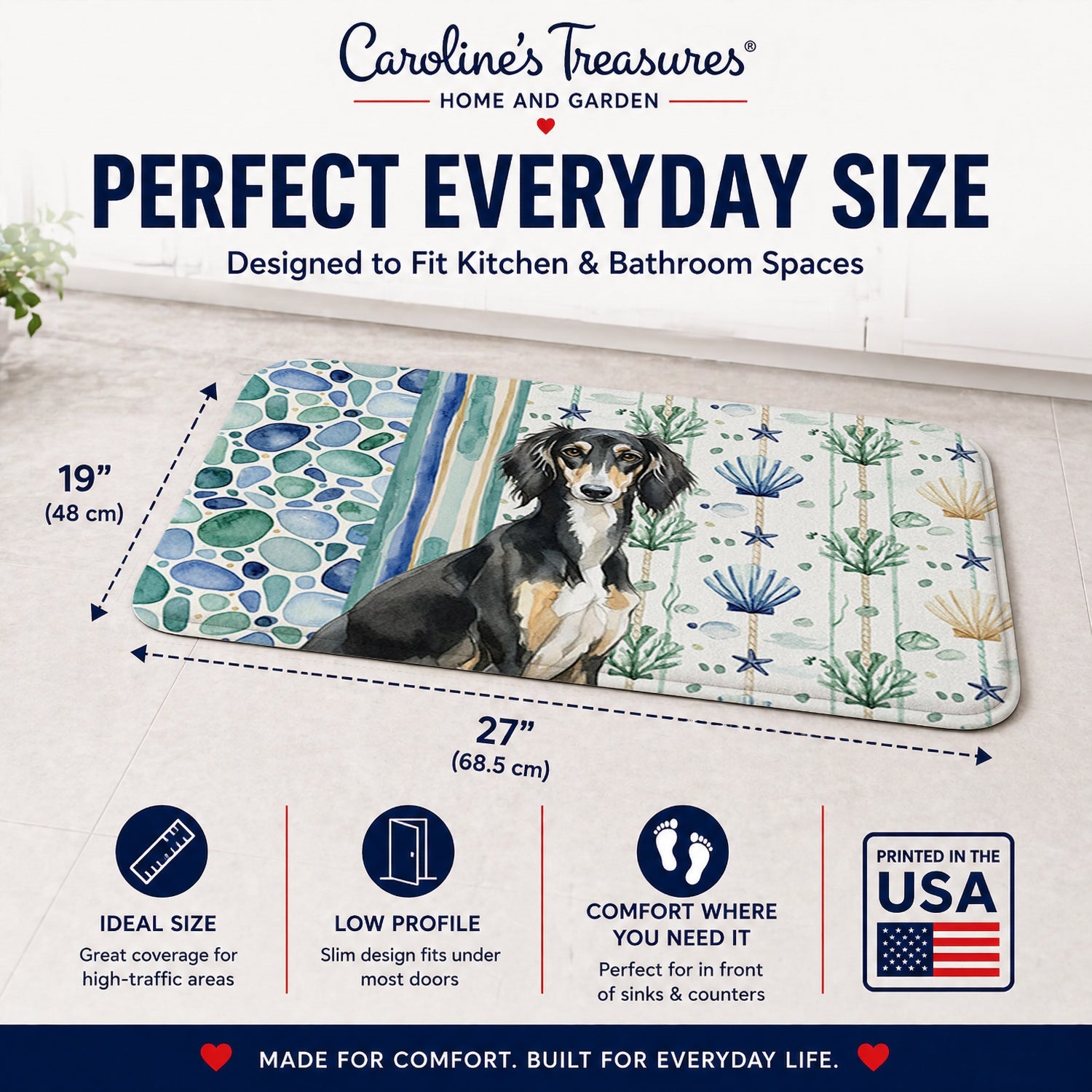Black and Tan Saluki Coastal Sea Glass Memory Foam Kitchen Mat Machine Washable Anti-Fatigue Cushion Comfort Bath or Kitchen Rug