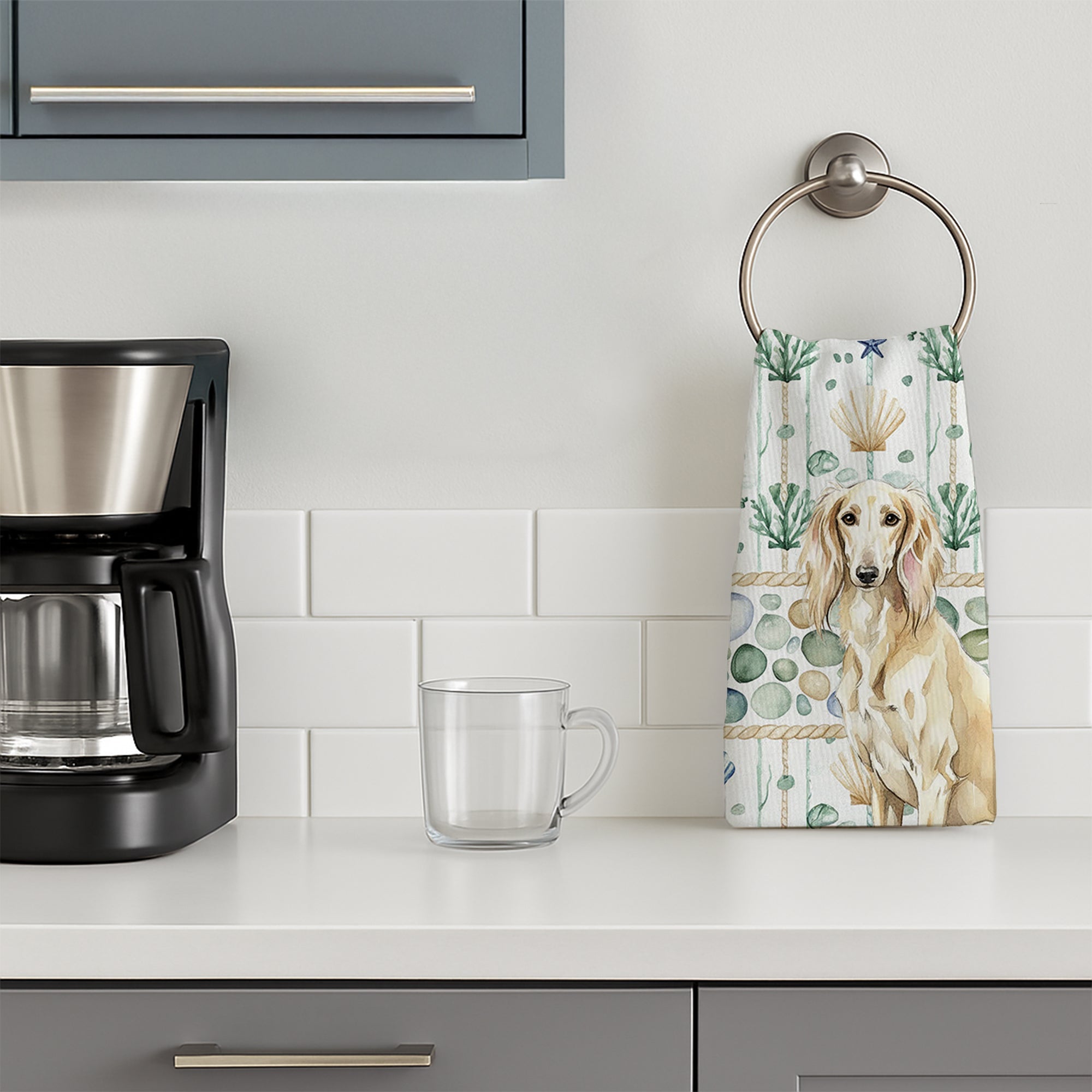 Cream Saluki Coastal Sea Glass Kitchen Towel Velour Plush Front and Cotton Loop Back Machine Washable