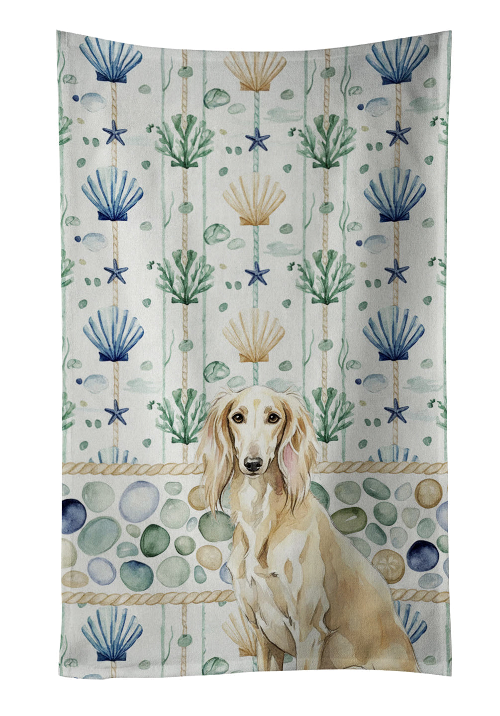Cream Saluki Coastal Sea Glass Kitchen Towel Velour Plush Front and Cotton Loop Back Machine Washable
