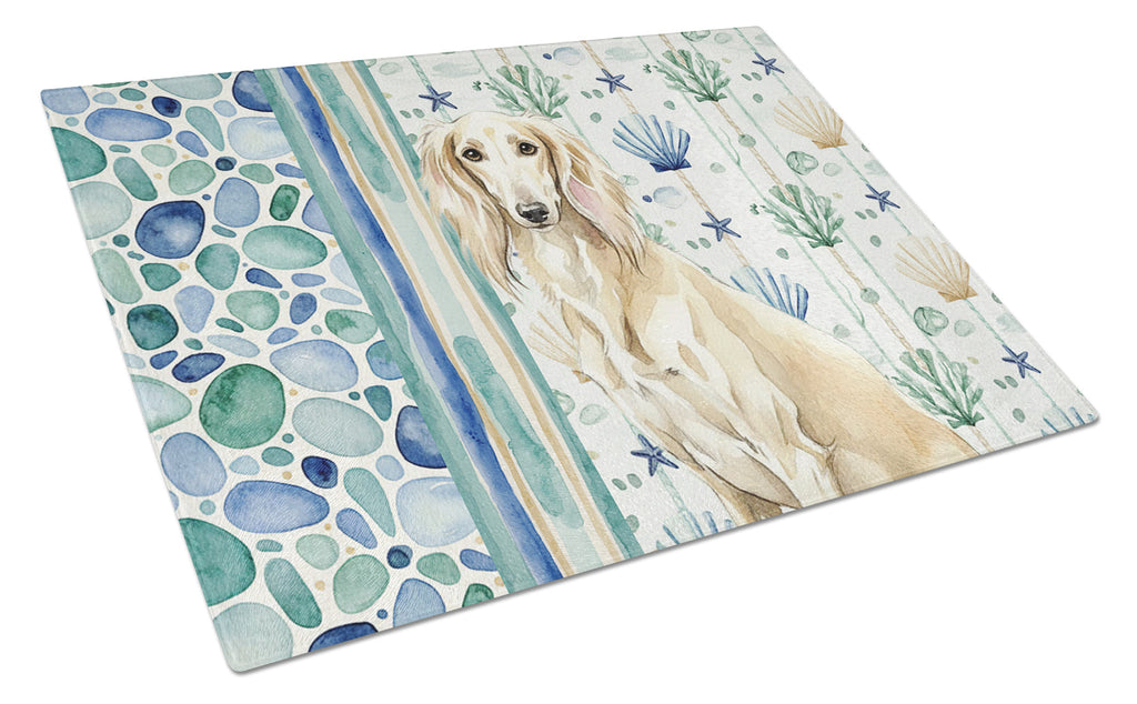 Cream Saluki Coastal Sea Glass Cutting Board Tempered Glass Kitchen Cutting Surface, Heat Resistant Chopping, Non-Slip Feet, Food Prep & Serving