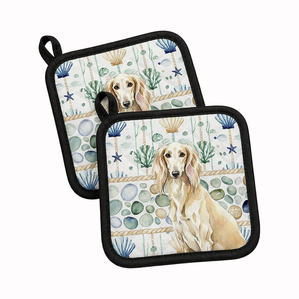 Cream Saluki Coastal Sea Glass Pot Holder Set of 2 Heat Resistant Quilted Hot Pads 7.5 x 7.5 Inch, Insulated Kitchen Trivets for Cooking & Baking