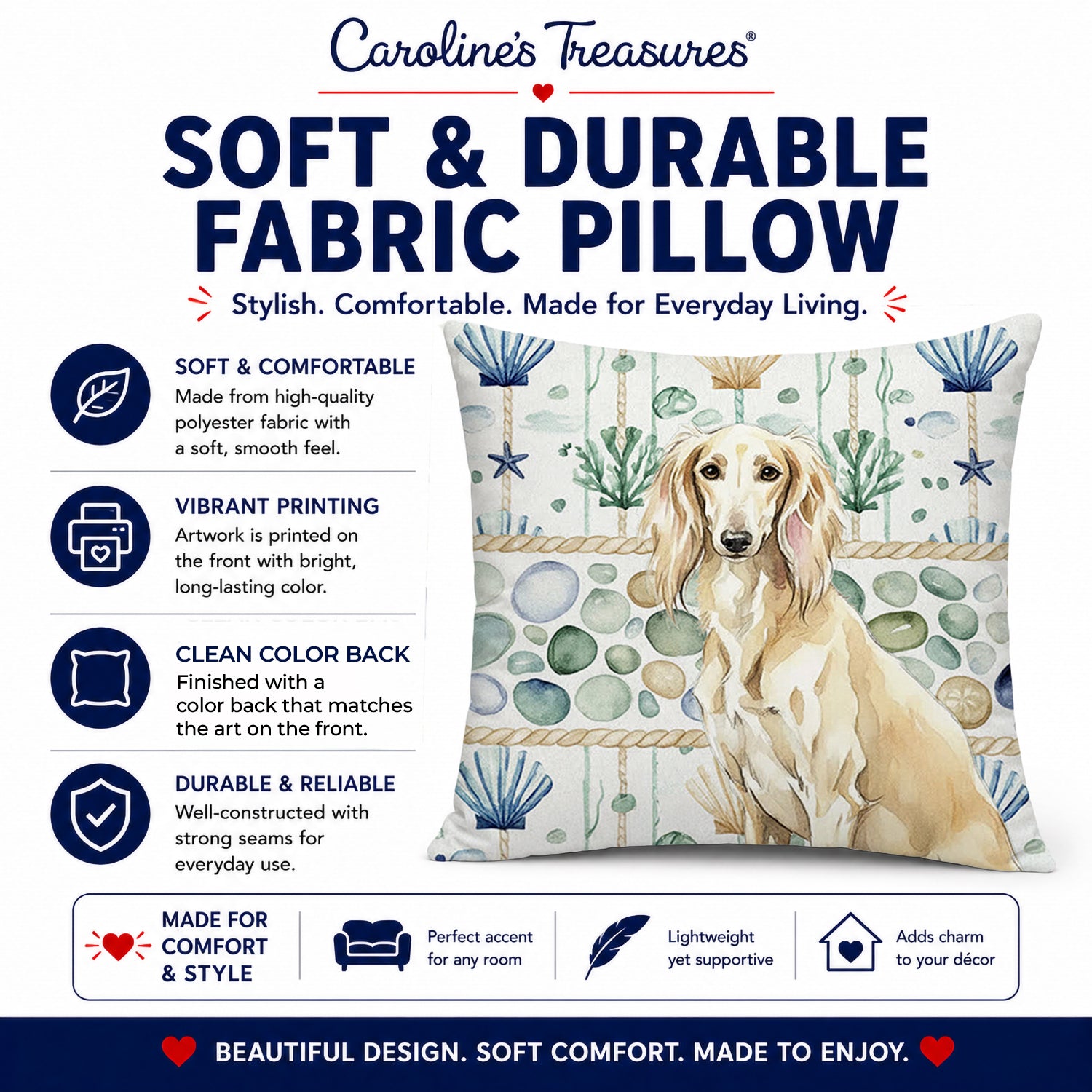 Cream Saluki Coastal Sea Glass Decorative Throw Pillow 14x14 Indoor Outdoor Accent Cushion, Fabric Cover with Insert for Sofa, Bed, Porch & Living Room