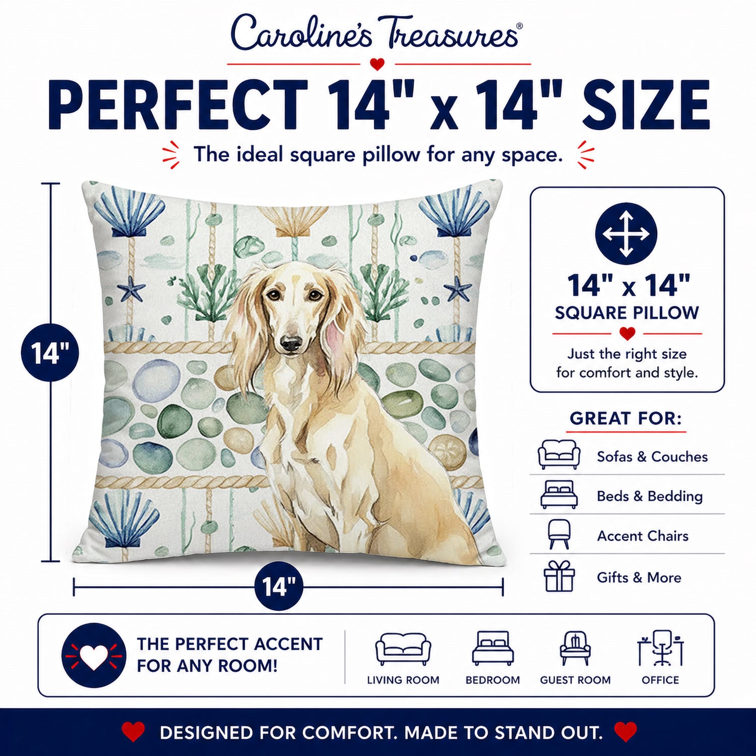 Cream Saluki Coastal Sea Glass Decorative Throw Pillow 14x14 Indoor Outdoor Accent Cushion, Fabric Cover with Insert for Sofa, Bed, Porch & Living Room