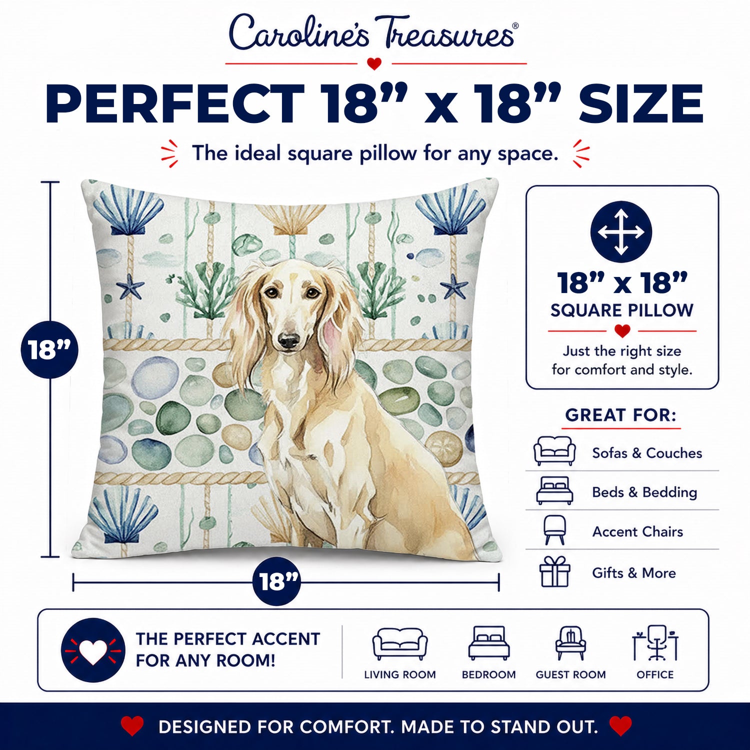 Cream Saluki Coastal Sea Glass Decorative Throw Pillow 18x18 Indoor Outdoor Accent Cushion, Fabric Cover with Insert for Sofa, Bed, Porch & Living Room