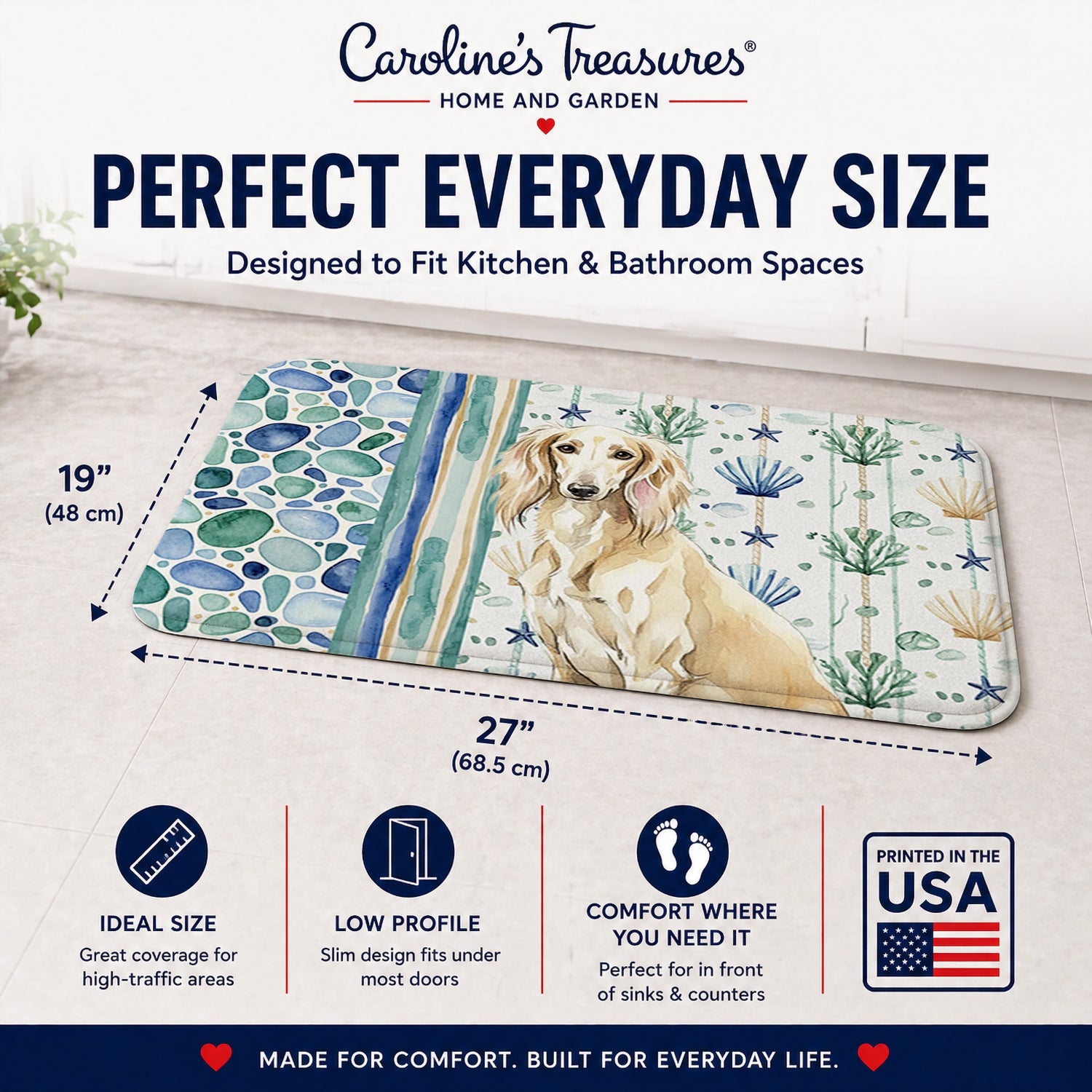 Cream Saluki Coastal Sea Glass Memory Foam Kitchen Mat Machine Washable Anti-Fatigue Cushion Comfort Bath or Kitchen Rug