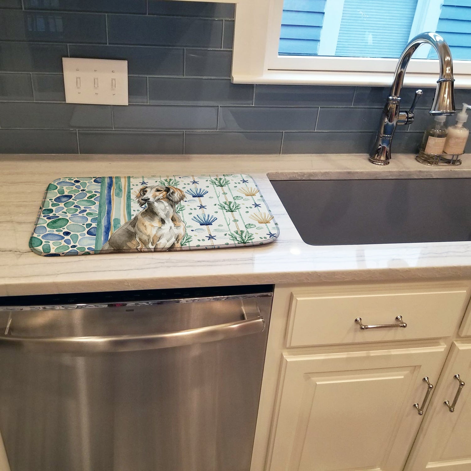 Grizzle Saluki Coastal Sea Glass Dish Drying Mat Absorbent Dish Drying Mat Pad for Kitchen Counter Dish Drainer Mat for Countertop, 14 x 21", Multicolor