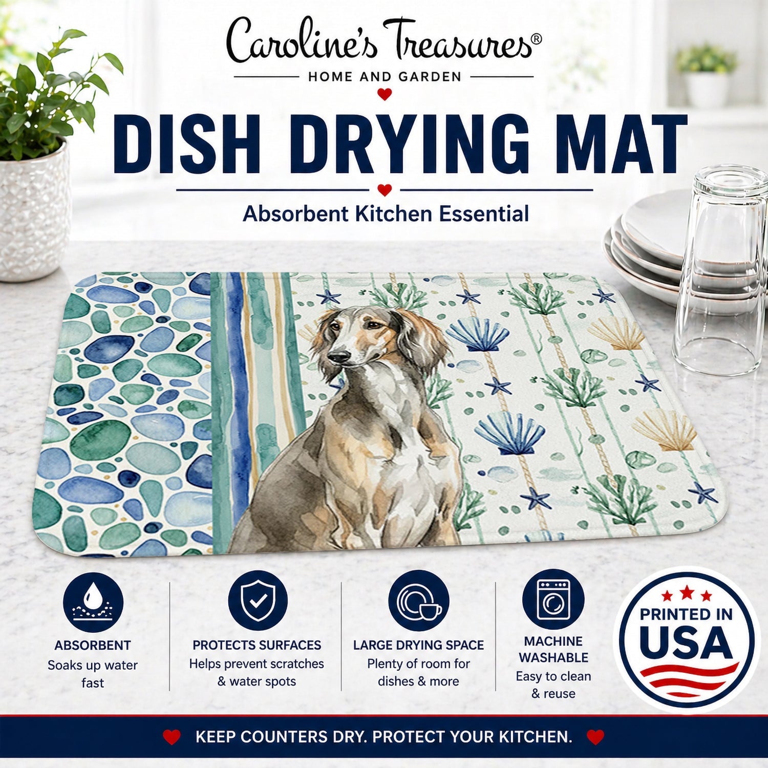 Grizzle Saluki Coastal Sea Glass Dish Drying Mat Absorbent Dish Drying Mat Pad for Kitchen Counter Dish Drainer Mat for Countertop, 14 x 21", Multicolor