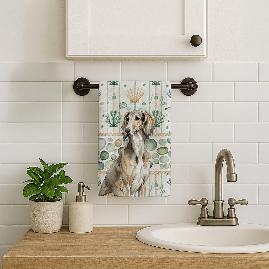 Grizzle Saluki Coastal Sea Glass Kitchen Towel Velour Plush Front and Cotton Loop Back Machine Washable