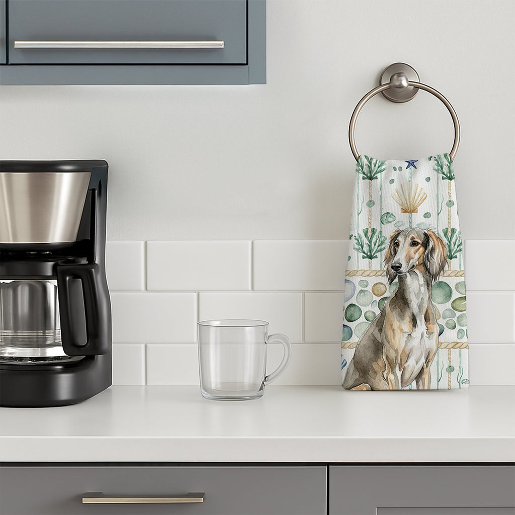 Grizzle Saluki Coastal Sea Glass Kitchen Towel Velour Plush Front and Cotton Loop Back Machine Washable