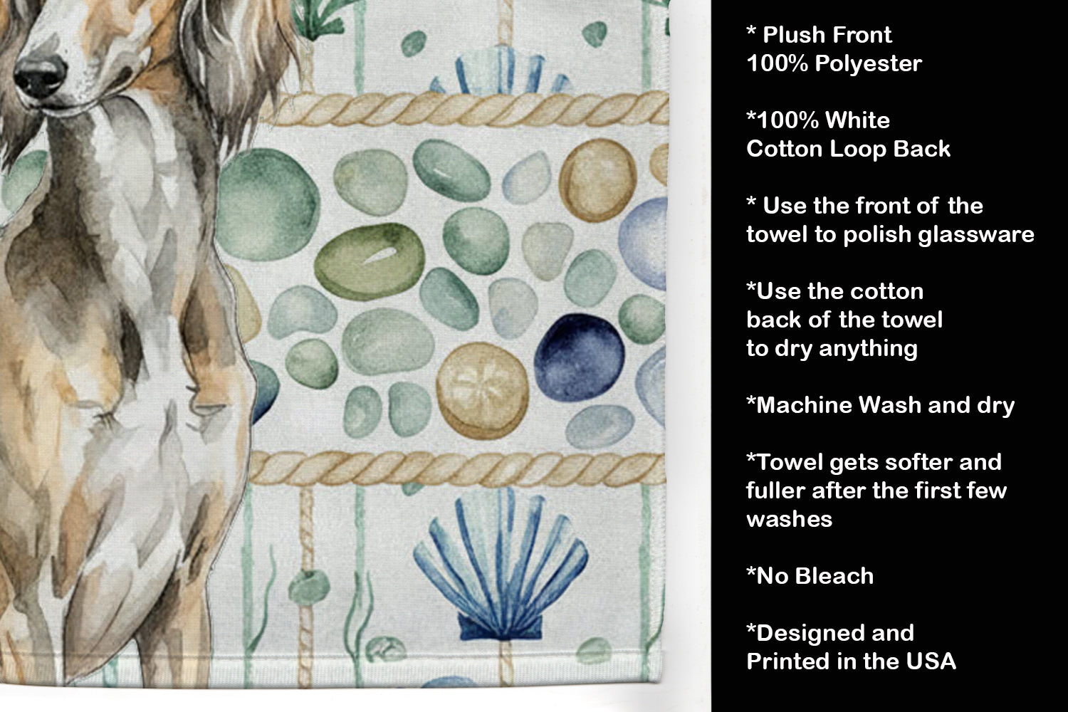 Grizzle Saluki Coastal Sea Glass Kitchen Towel Velour Plush Front and Cotton Loop Back Machine Washable