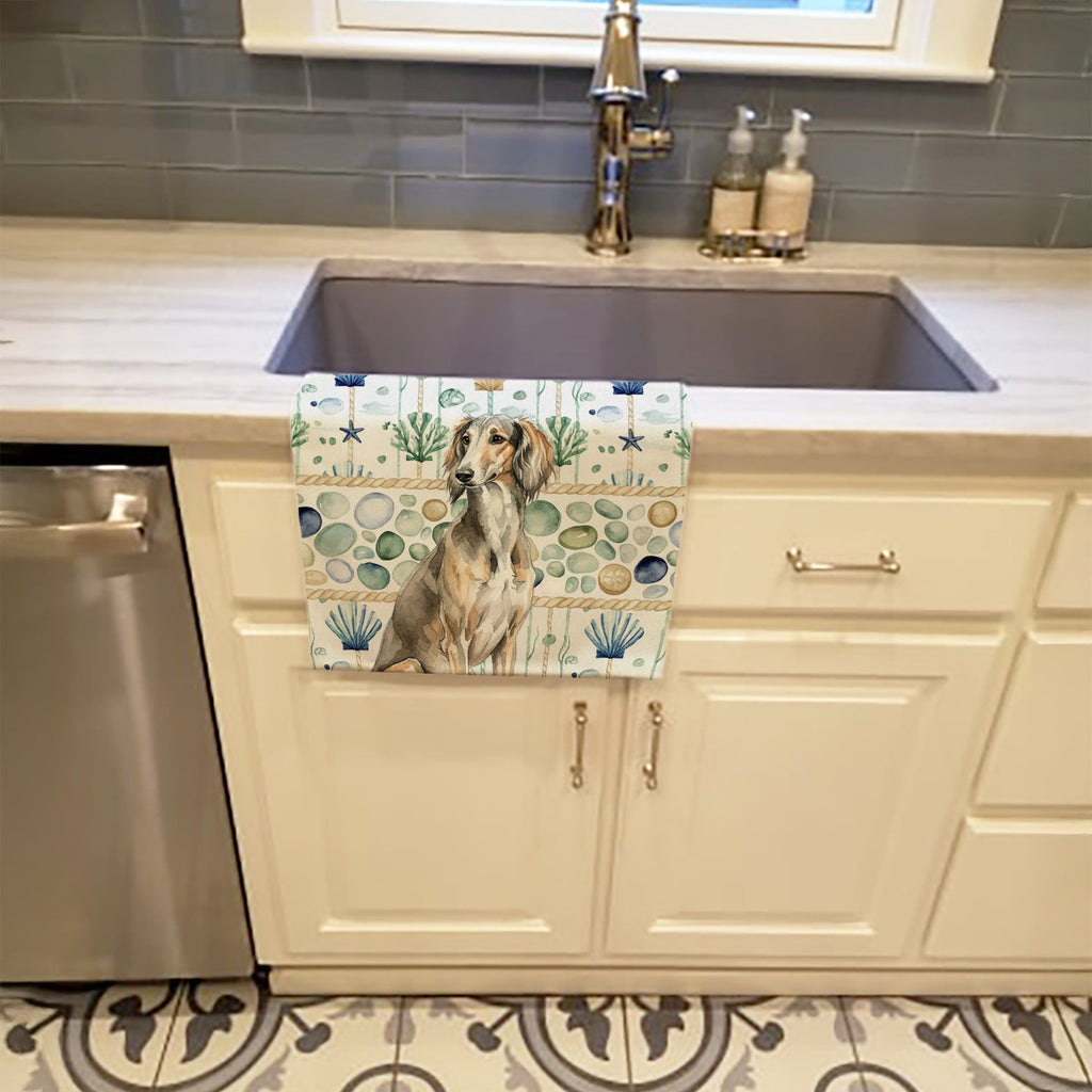 Grizzle Saluki Coastal Sea Glass Kitchen Towel Velour Plush Front and Cotton Loop Back Machine Washable