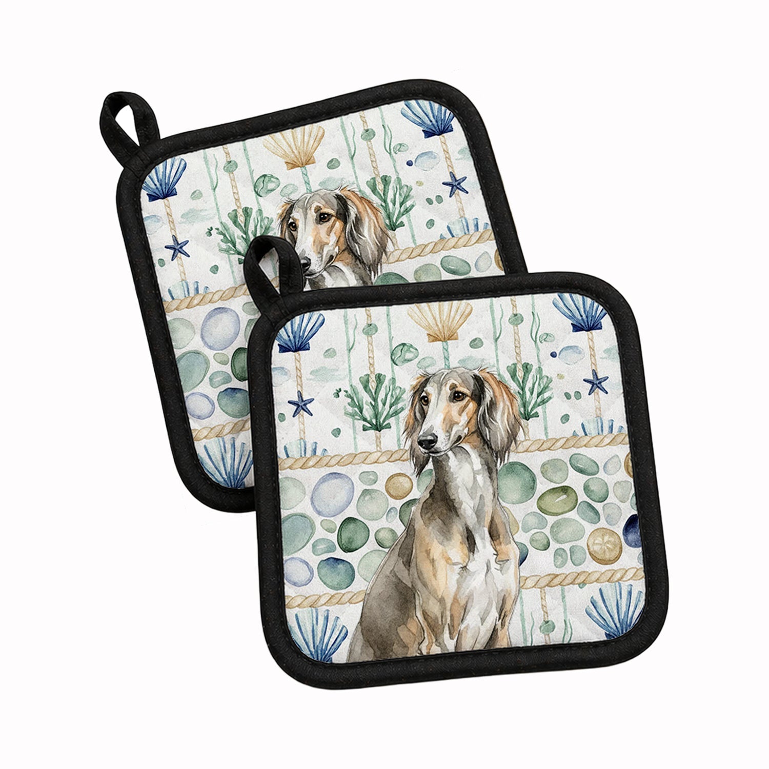 Grizzle Saluki Coastal Sea Glass Pot Holder Set of 2 Heat Resistant Quilted Hot Pads 7.5 x 7.5 Inch, Insulated Kitchen Trivets for Cooking & Baking