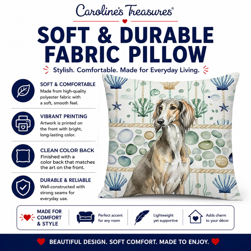 Grizzle Saluki Coastal Sea Glass Decorative Throw Pillow 14x14 Indoor Outdoor Accent Cushion, Fabric Cover with Insert for Sofa, Bed, Porch & Living Room
