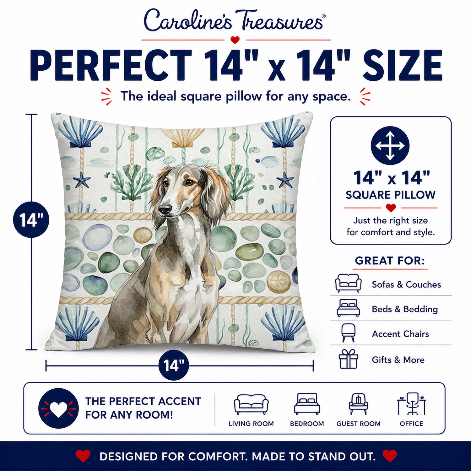 Grizzle Saluki Coastal Sea Glass Decorative Throw Pillow 14x14 Indoor Outdoor Accent Cushion, Fabric Cover with Insert for Sofa, Bed, Porch & Living Room