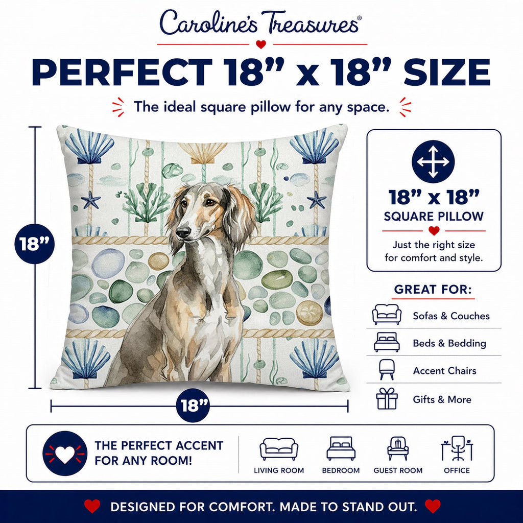 Grizzle Saluki Coastal Sea Glass Decorative Throw Pillow 18x18 Indoor Outdoor Accent Cushion, Fabric Cover with Insert for Sofa, Bed, Porch & Living Room