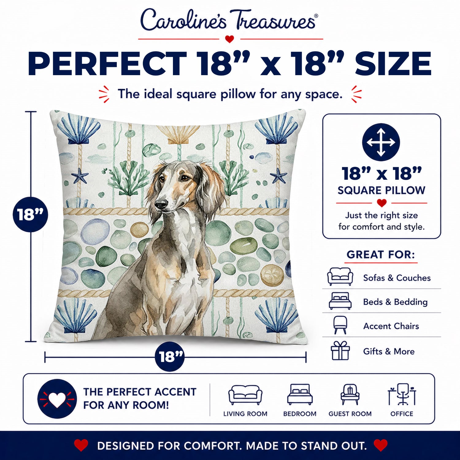 Grizzle Saluki Coastal Sea Glass Decorative Throw Pillow 18x18 Indoor Outdoor Accent Cushion, Fabric Cover with Insert for Sofa, Bed, Porch & Living Room