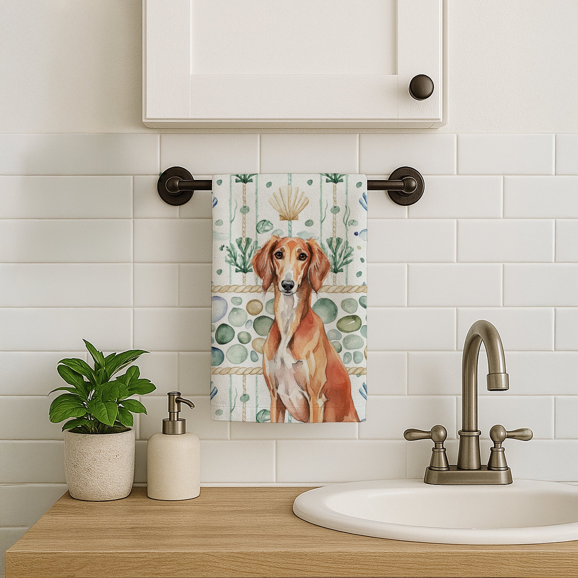 Red Saluki Coastal Sea Glass Kitchen Towel Velour Plush Front and Cotton Loop Back Machine Washable