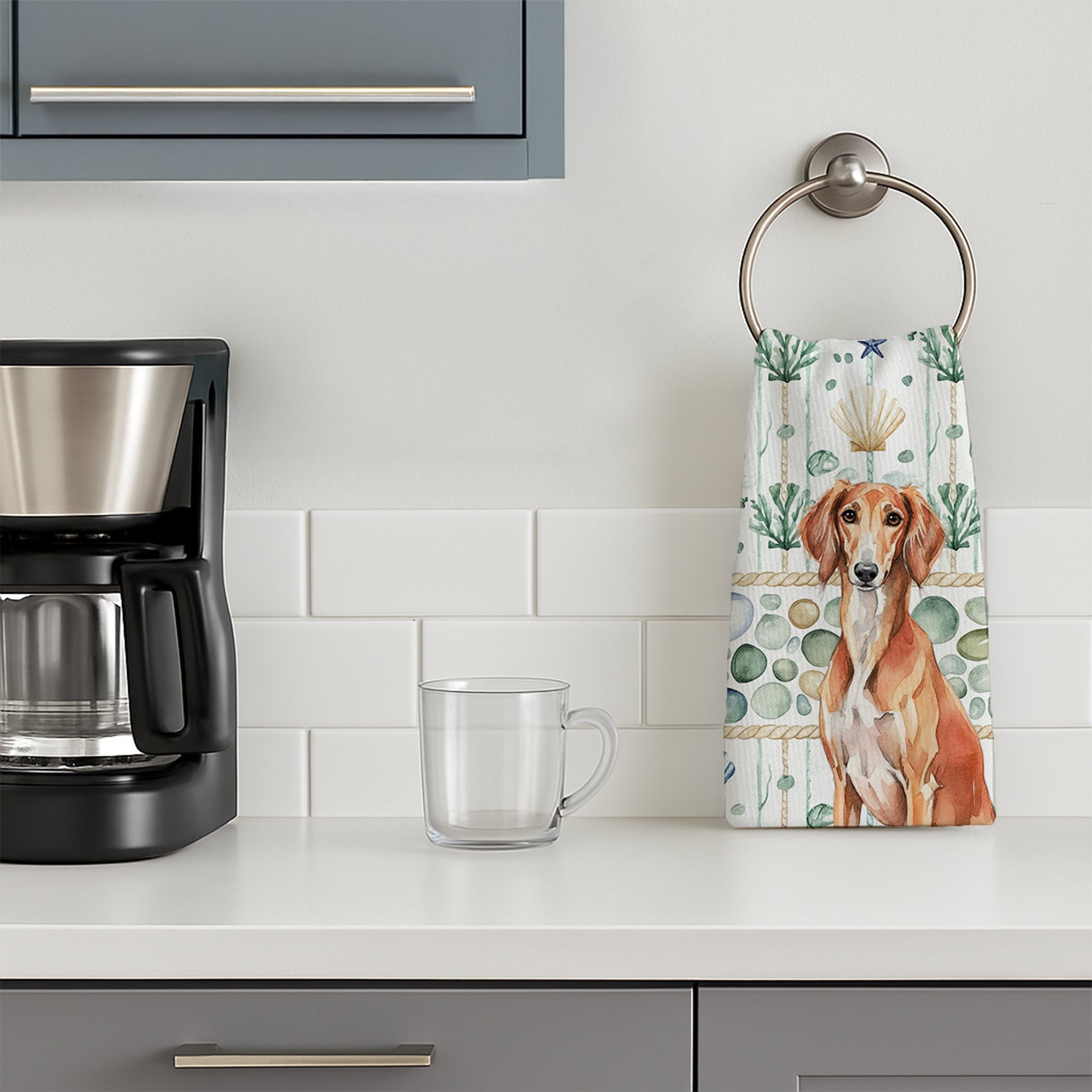 Red Saluki Coastal Sea Glass Kitchen Towel Velour Plush Front and Cotton Loop Back Machine Washable
