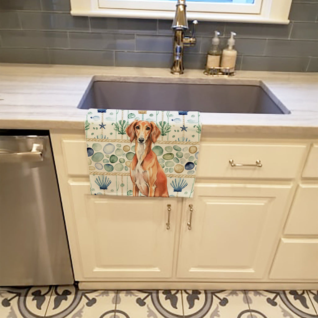 Red Saluki Coastal Sea Glass Kitchen Towel Velour Plush Front and Cotton Loop Back Machine Washable